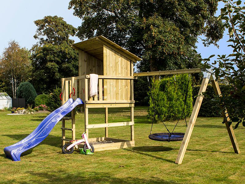 Klätterställning Play (Lekställning med rutschkana och fågelbogunga)